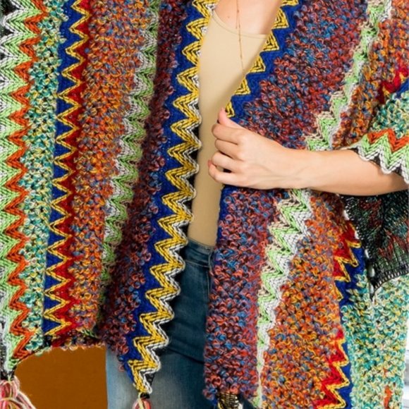 FALL VIBES KNIT ZIGZAG PATTERN TASSEL DETAILED KIMONO MULTI COLOR - Picture 6 of 7